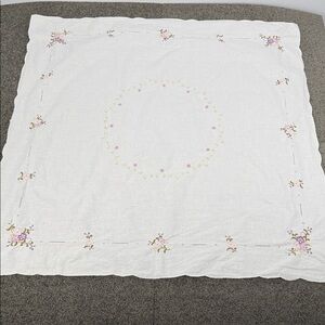 Embroidered Floral Tablecloth Vintage Handstitched 31" x 31" Square Pretty